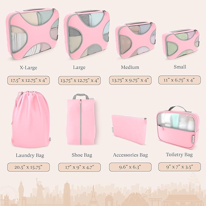 Shacke Packing Cubes for Travel 8 Set - Premium Luggage Organizer Bags - Versatile Travel Organizer for Women and Men - Optimized Packing Bags - Travel Essentials (Summer Pink)