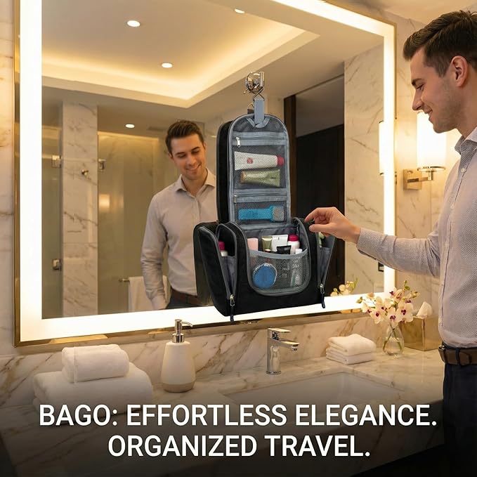 Bago Travel Toiletry Bag for Women and Men - Large Waterproof Hanging Large Toiletry Bag for Bathroom and Travel Bag for Toiletries Organizer -Travel Makeup Bag (Black)