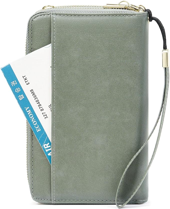 GOIACII Passport Wallet Travel Crossbody Bags for Women Wristlet Phone Purse Double Zip Vegan Leather Green