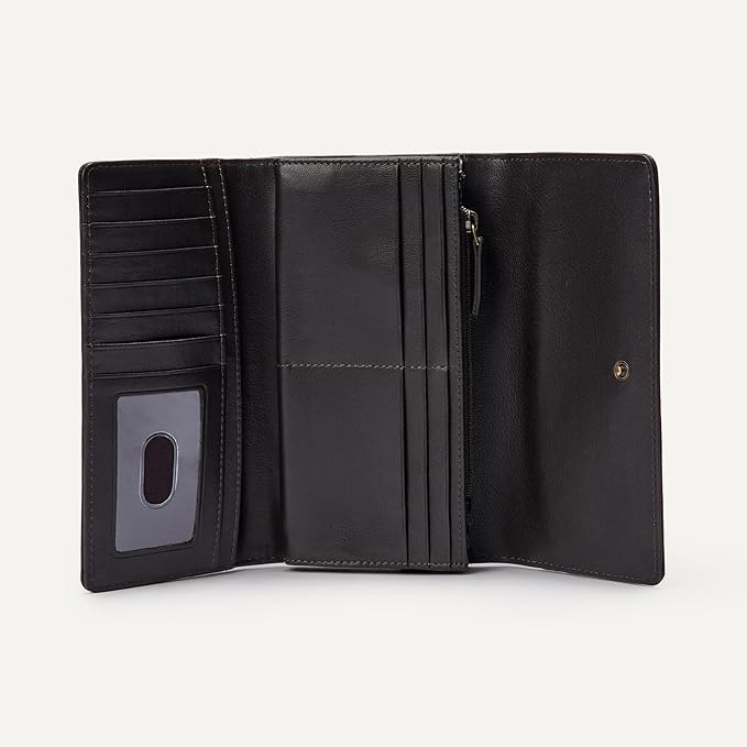 Amazon Essentials Women's Long Flap Continental Leather Wallet with Snap Closure, Dark Brown, One Size