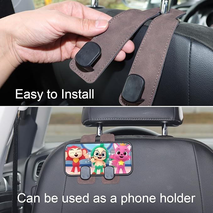 Car Seat Hooks for Headrest, Car Purse Hook & Back Storage Hook, Zinc Alloy & Suede Material Heavy Duty Car Hooks for Purses and Bags,Universal Fit for Most Vehicles (Brown-2 Pack)