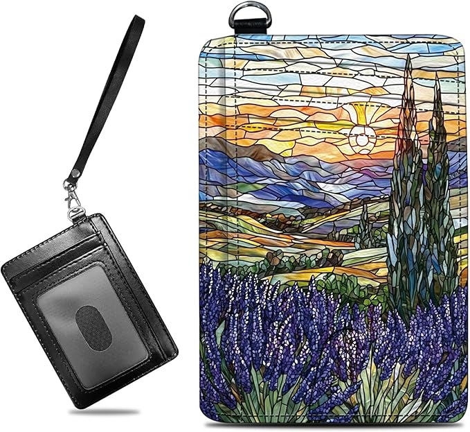 Small Travel Wallets, Stained Glass Lavender Slim Minimalist Front Pocket Wallet with Wristlet, RFID Blocking PU Leather Credit Card Holder with ID Window Change Purse for Men Women