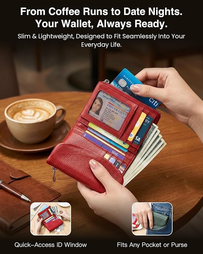 Nsciyise Premium Leather Wallet for Women, Red | Multi-Slot Card Holder, RFID Blocking Protection, ID Window, Zipper Coin Purse, Trifold Genuine Cowhide