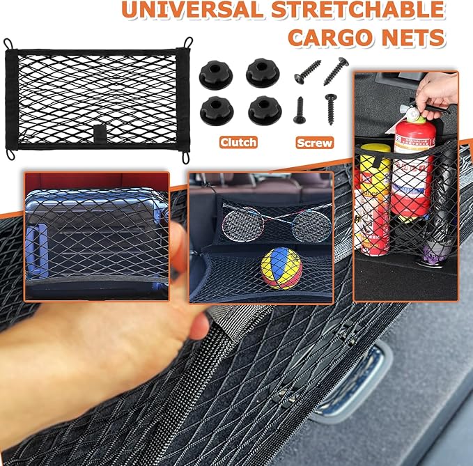 25.6'' x 9.8'' Universal Elastic Cargo Net Pocket with Screws & Hooks for Trunk RV Boats Home Cargo Storage – Keeps Items Secure & Organized(2 Pack)