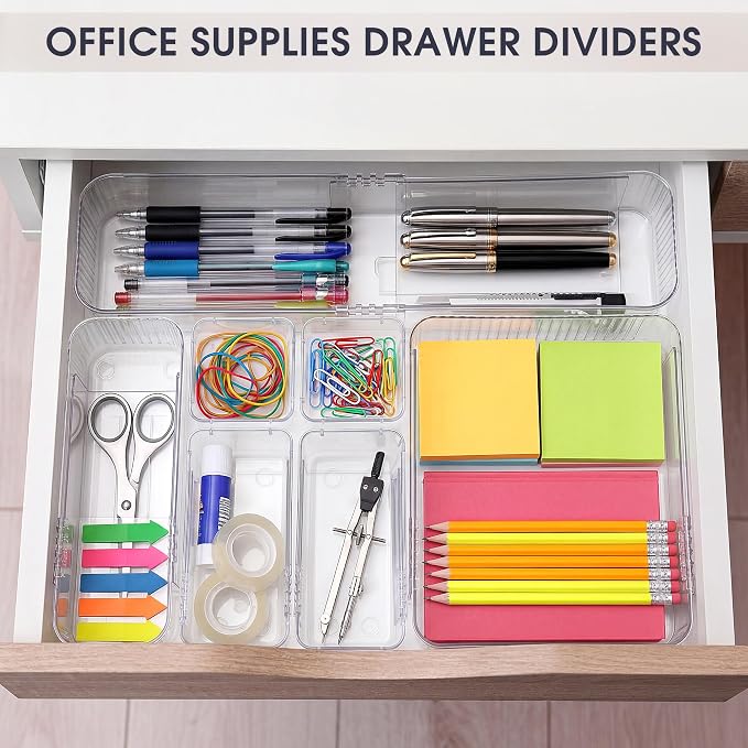 Aneco 25 Pieces Extendable Clear Drawer Organizer Adjustable Vanity Storage Box 4-Size Desk Drawer Divider Acrylic Storage Bins for Makeup, Cosmetic, Jewelries, Bedroom Kitchen Utensils Gadgets