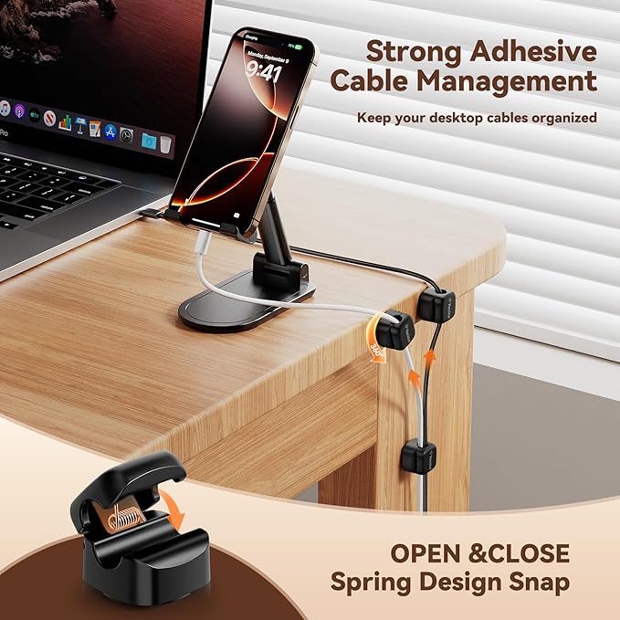 12Pack Rotatable Cord Organizer,Spring Cable Clips Desk Cable Management Cord Holder Adhesive Phone Charger Cord Clips for Home Office Car Wall Nightstand Accessories, Black