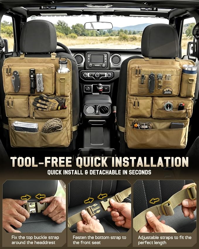 All in One Car Seat Back Organizer, Heavy Duty Molle Panel Seat Back Protector with Multi-Pockets Storage for Tools, Camping, Travel, Fit Most Cars SUV Trucks Jeeps Pickups