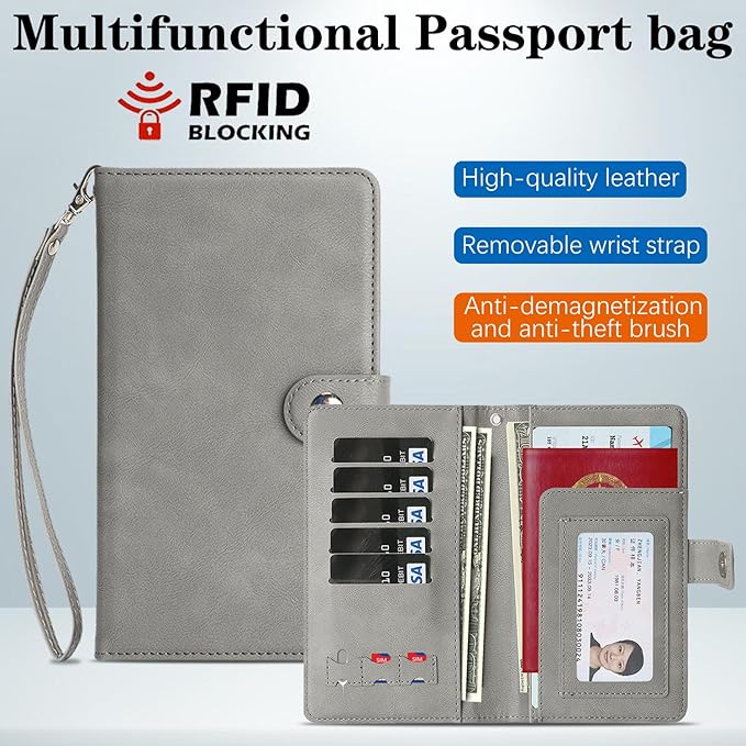 Passport Holder for Travel Essentials, RFID Blocking PU Leather Wallet Cover with Wristlet Strap Magnetic Closure Passport Book Holders Case for Women and Men, Grey