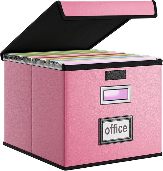 File Organizer Box with Lid, Collapsible Leather File Folder Organizer for Office Document Storage, Filing Box with Plastic Slide for Letter/Legal Size Hanging Files, Pink