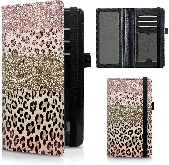 FUYOCWE Leather Checkbook Covers for Men Women Check book Holder Cover Wallets for Personal Checkbook Duplicate Checks with RFID Blocking & Elastic Strap-Pink Gold Leopard print