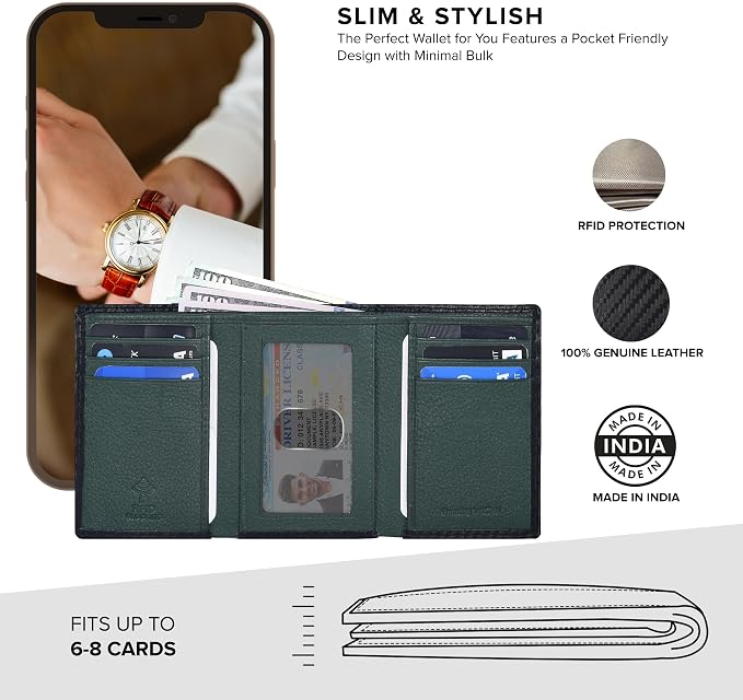 Tri fold Leather Wallet for Men with RFID | Slim Wallets for Men with 1 ID and 6 Credit card slots | Front Pocket Minimalist