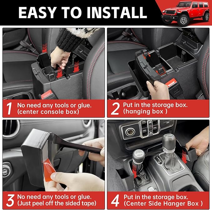 Center Console Gear Shift Organizer Fit for 2018-2025 Jeep Wrangler JL JLU 4XE/Gladiator JT Center Console Armrest Storage Hanging Tray for Wrangler&Gladiator(3-piece Center Console Organizer)