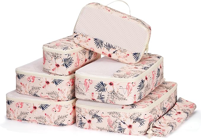 Narwey 7 Set Packing Cubes for Travel, Durable Packing Organizers for Kids Women Men, Carry on Luggage Travel Essentials Accessories (Beige Flamingo)