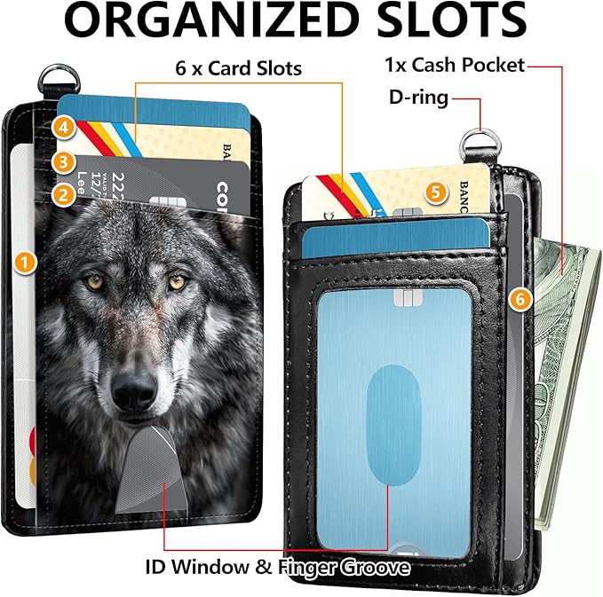 Slim RFID Blocking Card Holder Wallet with Wrist Strap - Minimalist Front Pocket Wallet, Grey Wolf 03 Design, PU Leathe, for Men & Women, Ideal for Travel & Gifts