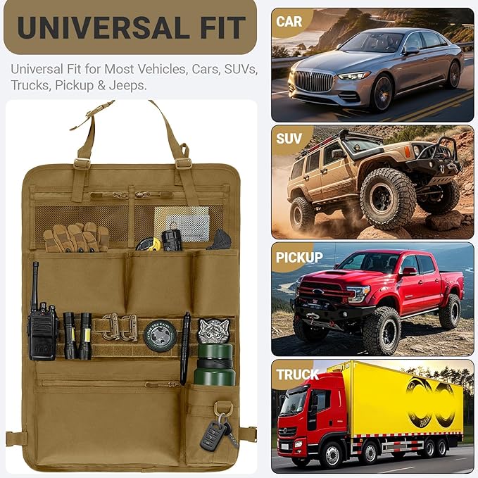 Tactical Car Seat Organizer with Multiple Pockets, MOLLE Panel System & Mesh Compartments, Durable Nylon Universal Vehicle Seat Back Storage with Cup Holder, Water-Resistant (Mud)