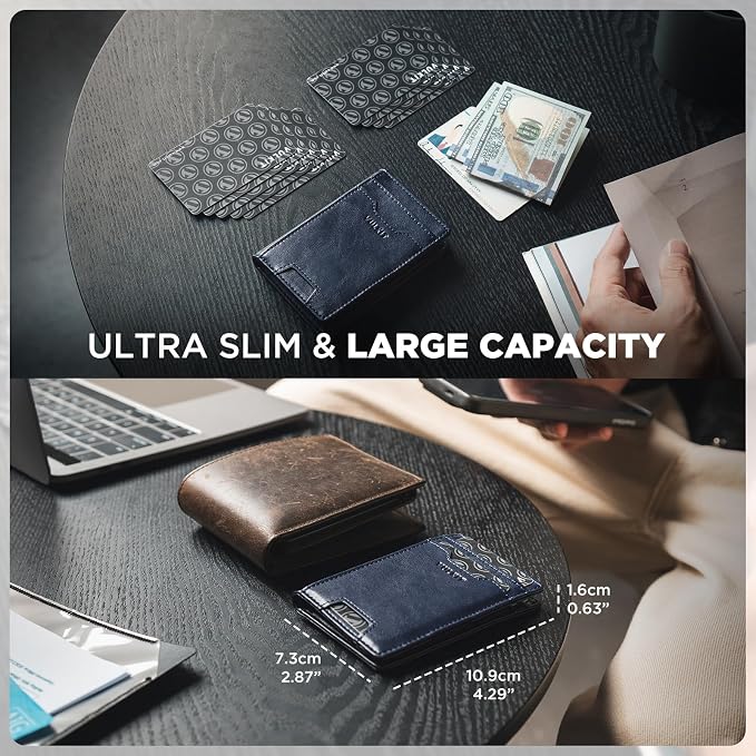 VULKIT Credit Card Holder RFID Blocking Slim Leather Front Pocket Mens Wallet Bank Card Holder Quick Access with 10 Slot and Money Band for Bills or Receipt, Palm-Size Wallet, Navy, 10.9 cm x 7.3 cm x