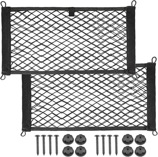 2 Pack Universal Mesh Cargo Net，BetterJonny Stretchable Elastic Automotive Cargo Nets with 8 Pieces Mounting Screws and Hooks for Car Trunk Storage Mesh Pocket Net (Black)