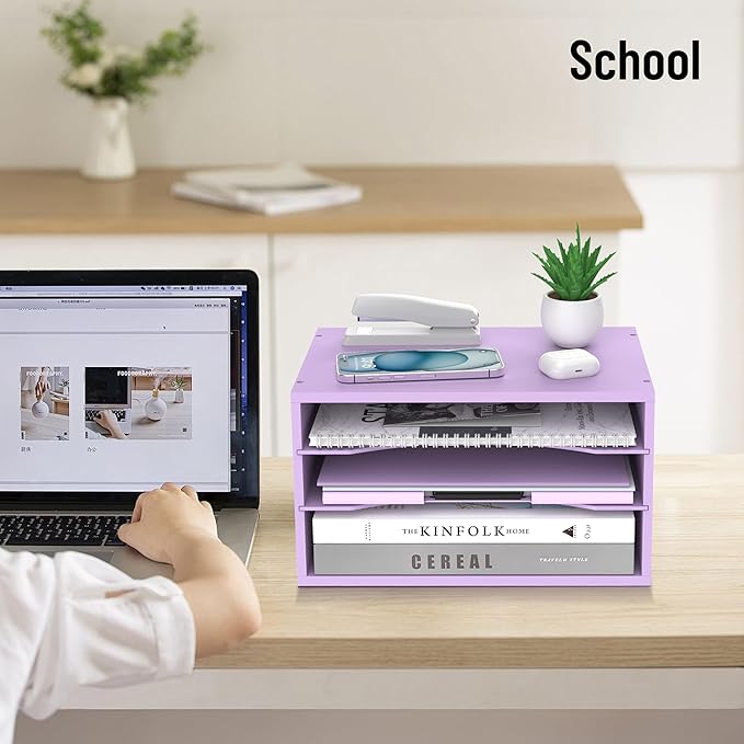 Wood Desk Organizer, 3 Tier Paper Tray Organizer for Desk with Adjustable Storage Shelves, Desktop File Organization Paper Sorter Mail Holder for Office Home Classroom, Purple