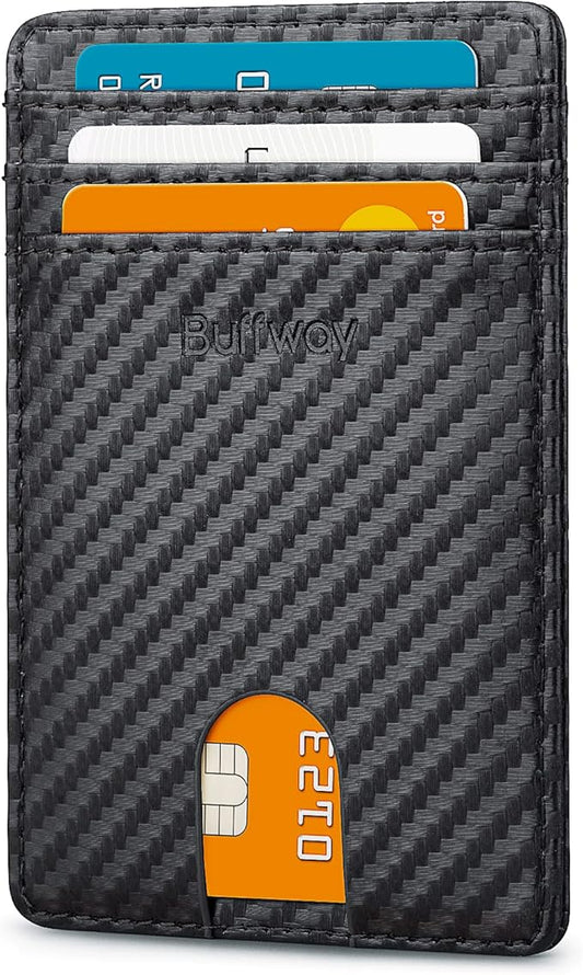Buffway Mens Slim Wallet, Minimalist Thin Front Pocket Leather Credit Card Holder with RFID Blocking for Work Travel | Minimalist