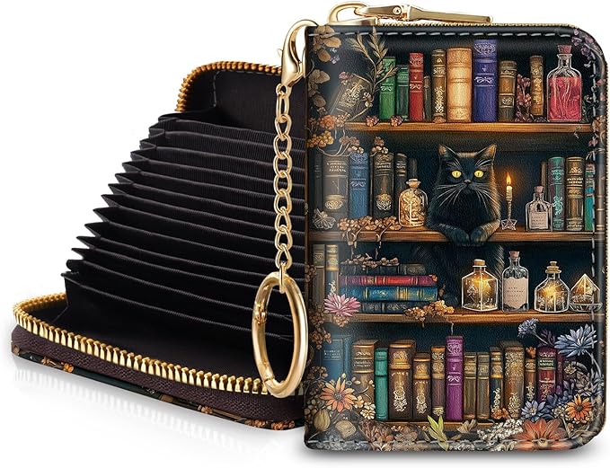 Blusabaca Bookshelf and Cat Credit Card Holder for Women, Small RFID Wallet with Zipper, Card Keychain Wallet, Leather Wallet Card Case, Business Blocking Accordion Wallet Gift