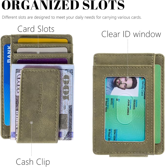 Toughergun Slim Wallet for Men RFID Blocking Money Clip, Minimalist Front Pocket Credit Card Holder, Magnetic Thin Mens Wallets with ID Window