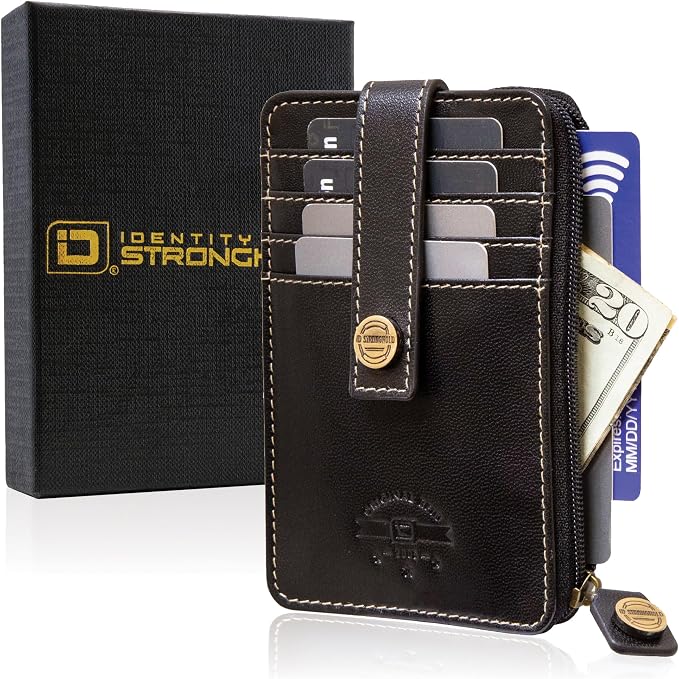 ID Stronghold RFID Blocking Front Pocket Wallet – Slim Minimalist Genuine Leather Wallet with Zipper Coin Pocket (Mega Black)