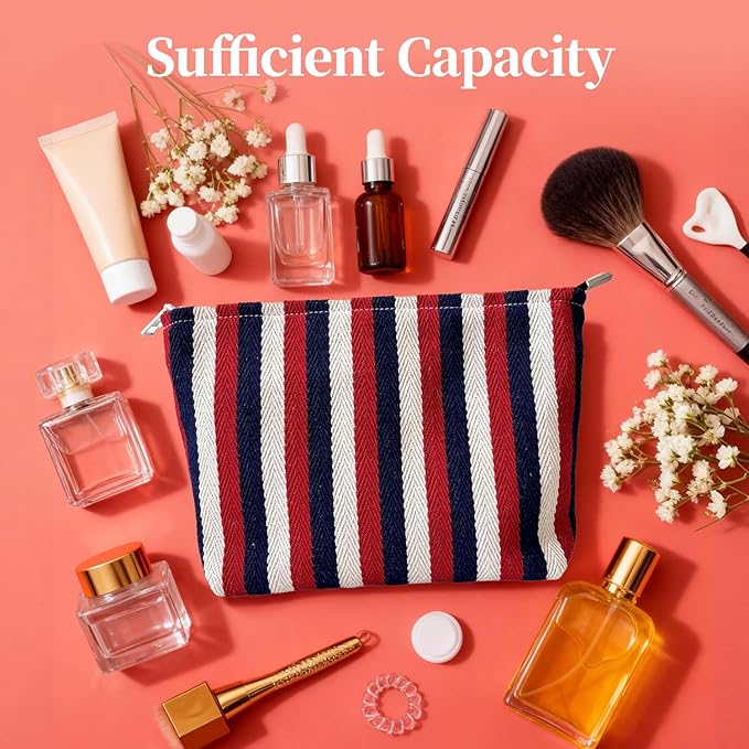Color Striped Makeup Bag for Women, Canvas Cosmetic Bag with Zipper lining, Travel Makeup Pouch for Purse, Travel Pouch for Toiletry, Cosmetic, Sunscreen, Hygiene, Skincare, SPF, Medicine, Sunblock