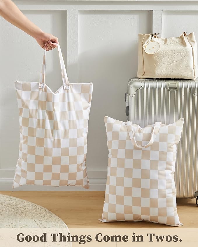 Ohocut Checkered 2 Pcs Large Travel Laundry Bags for Dirty Clothes, Aesthetic Trendy Waterproof Washable Laundry Bag with Handle for Travel, Gym, Swimming Pool, Beige