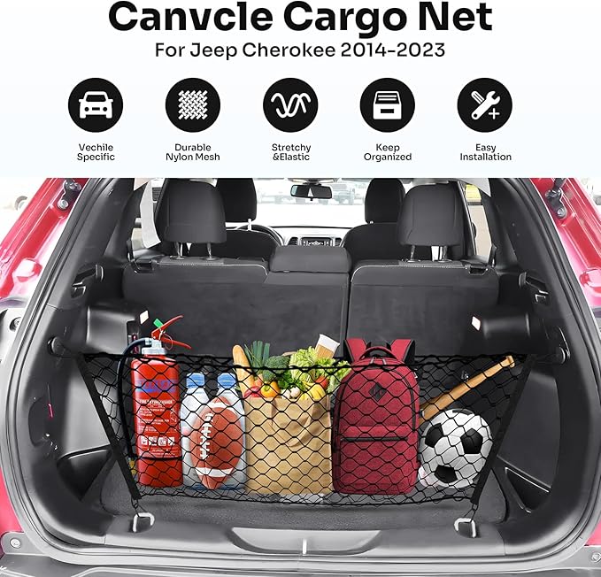 Canvcle Trunk Cargo Net for 2014-2023 Jeep Cherokee Accessories Envelope Style Mesh Trunk Net Organizer and Storage Stretchable Adjustable Elastic Nylon Rear Cargo Netting with Hooks