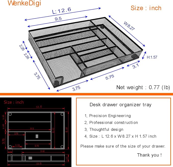Metal Mesh Desk Drawer Organizer Tray, 6-Compartment Office Drawer Organizer for Pens Supplies, 12.6"x8.27"x1.57" Black