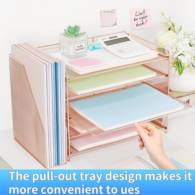 OPNICE Desk Organizer, 5-Tier Paper Organizer Letter Tray with Magazine Holder, Office Desk Accessories & Workspace Organizers, Desktop File Organizer for Office Supplies Storage, Rose Gold