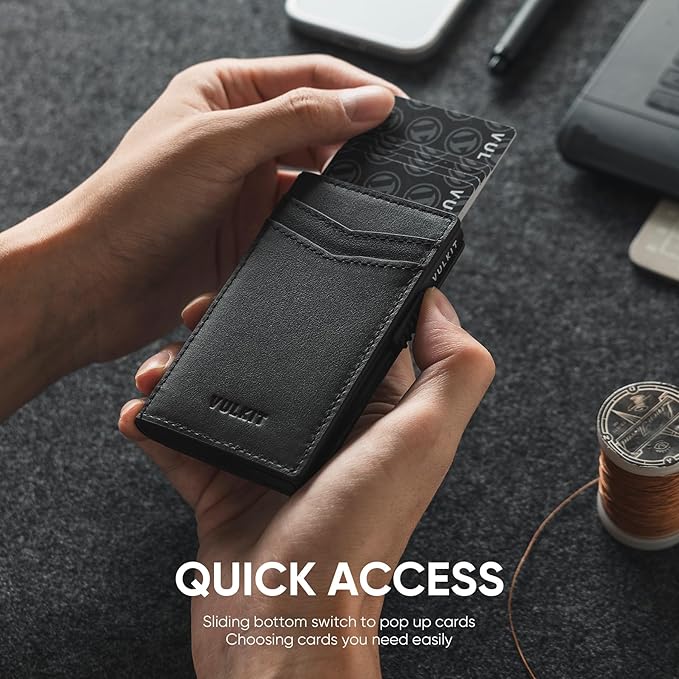 VULKIT Men's Slim Wallets Pop Up Card Holder RFID Blocking Metal Wallet Minimalist Design Holds Up to 11 Cards