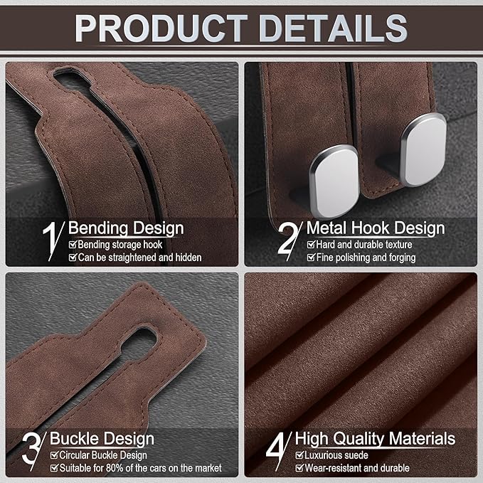 LivTee Headrest Purse Hook for Car, Seat Hook Hangers Storage Organizer for Bags and Coats Holder, Upgrade Leather Double Hook and Mobile Phone Holder for Universal Vehicle Car Accessories(Brown-2PCS)
