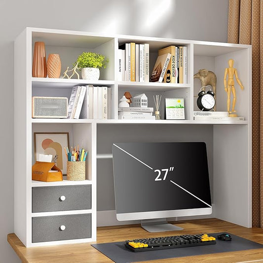 REIBII Desktop Bookshelf,Adjustable Desktop Organizer,High-Capacity Desk Hutch Organizer with 7 Shelves and 2 Drawers for Computer Desk,Desk Shelf for Top of Desk, Desk Hutch Dorm, White
