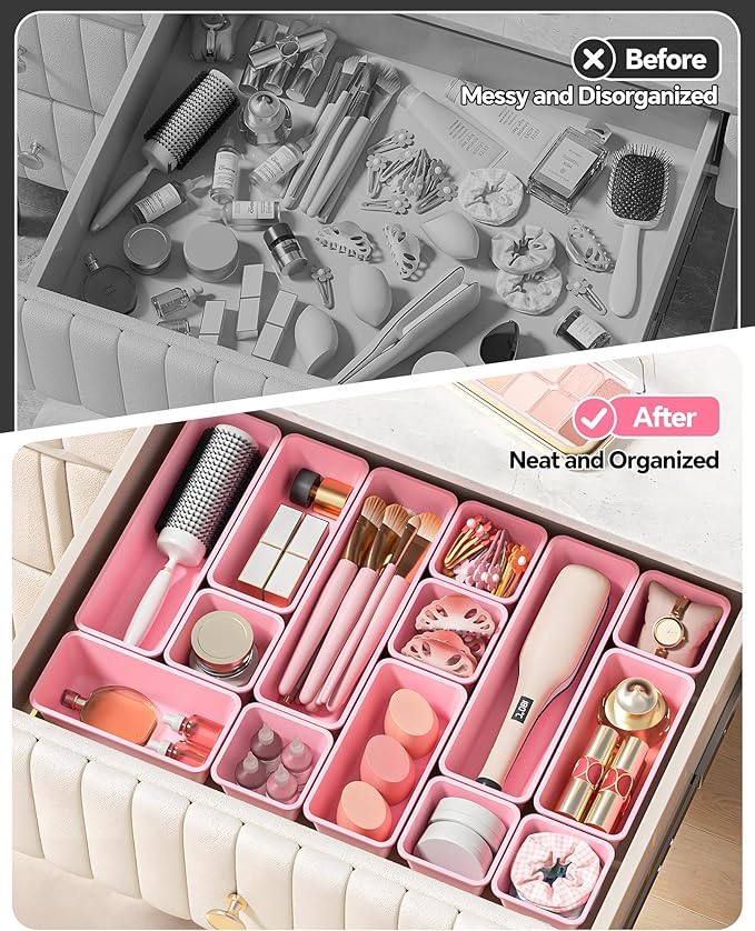Canfanni 13 Pack Plastic Drawer Organizers Set, 3 Sizes Desk Drawer Organizer Trays for Vanity and Makeup Organizer, Organization and Storage for Makeup, Kitchen Utensils, Bathroom and Office(Pink)