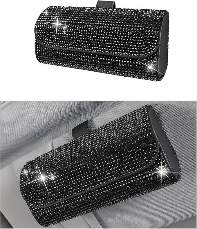 Ohleats Bling Sunglasses Holder for Sun Visor, Sparkling Glasses Sun Visor Organizer Case with Hidden Magnetic Closure, Auto Visor Crystal Eyeglasses Storage Case, Car Accessories (Bling Black)