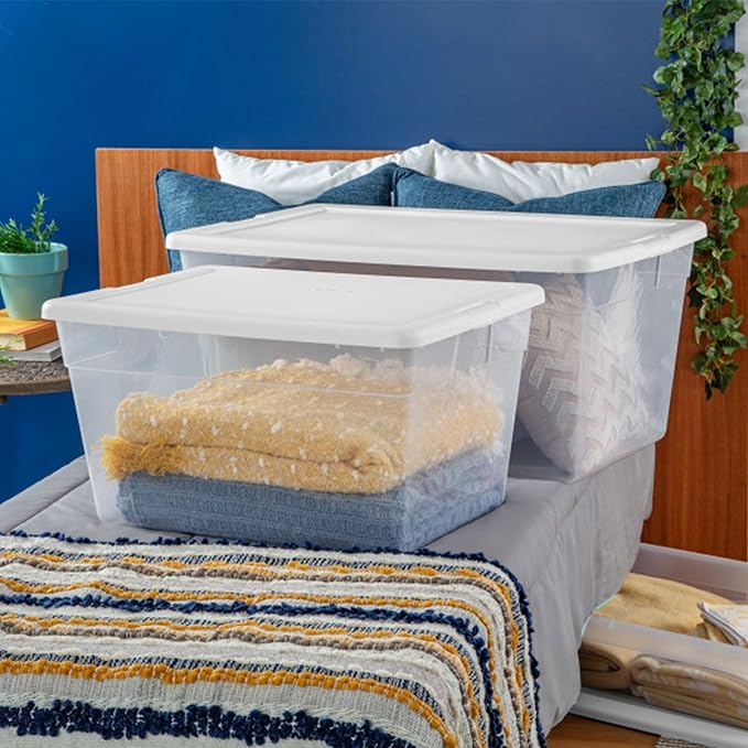 Sterilite 8-Pack 90 Quart Storage Box, Stackable Clear Plastic Bins with Snap-On Lids - Heavy-Duty Organizing Containers for Closet, Bathroom, and Office