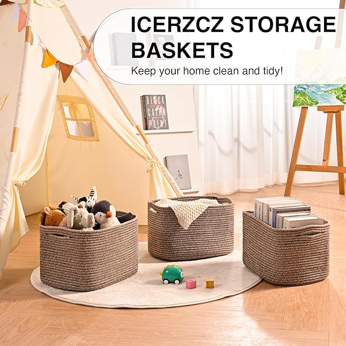ICERZCZ Storage Baskets for Organizing Shelves, Woven Cotton Rope Bins for Baby Nursery Organization, Book Toy Towel Organizer, 15"x11"x9.5", 3 Packs, Dark Brown