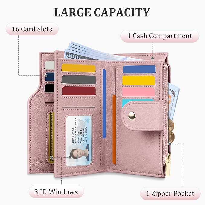 Airkit Small Women's Bifold Wallet, RFID Blocking Credit Card Holder with Zipper, Travel Cute Coin Pocket Wallet for Ladies, Pink