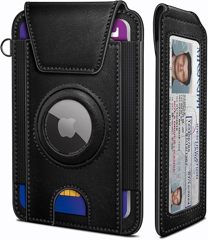 miyozi Ultra Slim AirTag Card Holder for Men - RFID Blocking Minimalist Wallet with Magnetic Flap, 0.25" Thin No Bulge Pocket Wallet, Holds 6-8 Cards with ID Window, Gift Boxed