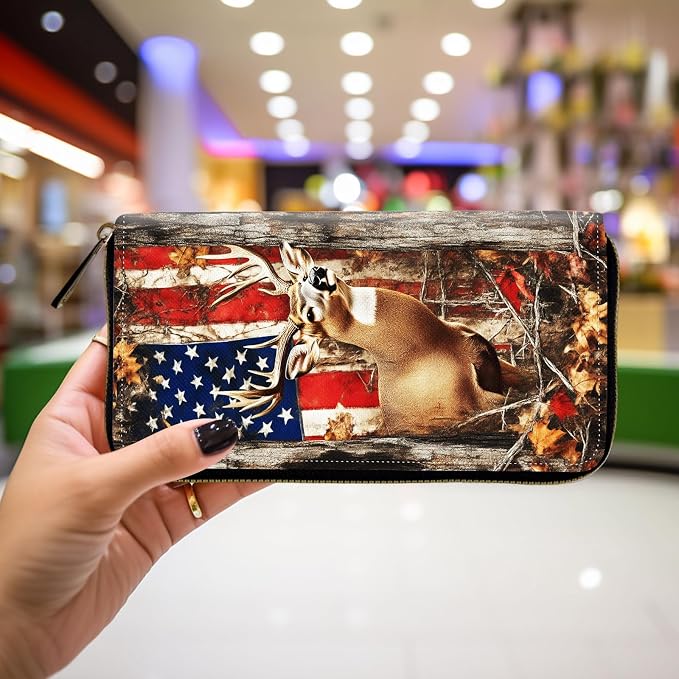 Wallet,Leather Long Wallet Suitable For Ladies And Teenagers - Detachable Wristband + RFID Travel Wallet With Card Slot - American Flag and Deer