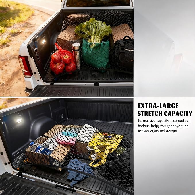 Cargo Net for SUV Trunk Organizer, Stretchable Truck Bed Storage Net with 4 Hooks, 32"x24" Expandable to 63"x47", Heavy Duty Elastic Mesh for Car Storage