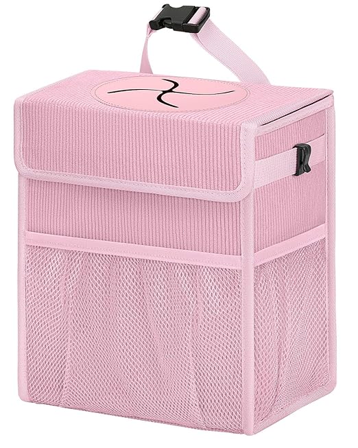 Corduroy Car Trash Can with Lid and Mesh Pockets - Leakproof Organizer,Multipurpose Waterproof Garbage Can/Trash Bin for Car(Light Pink-2 Gallons)