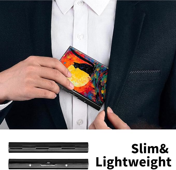 Metal Wallet for Women Men Girls, RFID Blocking Slim Aluminum Credit Card Holder, Mini Travel Wallet with Hard Shell, Lightweight ID & Business Card Case,Art Black Cat Sun