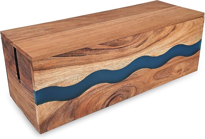 Acacia Wood & Epoxy Cable Management Box, 16X 6 X 5.5 Cable Hider Box, Cable Organizer Box Ideal for Under Desk Cable Management, Router Wires, Surge Protectors and adaptors | Turquoise
