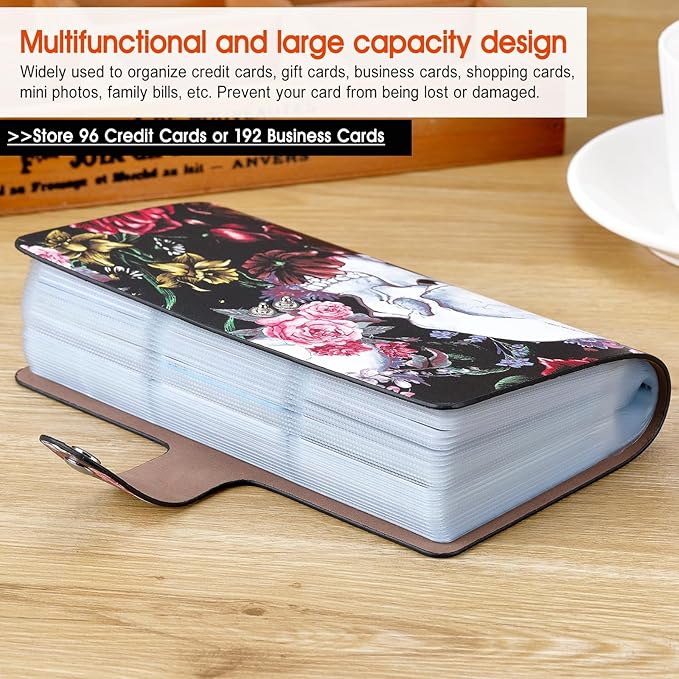 RFID Credit Card Holder, Leather Business Card Organizer with 96 Card Slots, Credit Card Case for Managing Your Different Cards and Important Documents to Prevent Loss or Damage (Skeleton Flower)