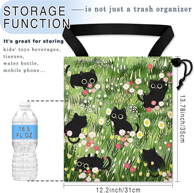 Car Trash Bag Hanging Back of Seat Waterproof Small Cute Printed One-Handed Strap Drawstring Garbage Bags for Car-Black Cat Floral