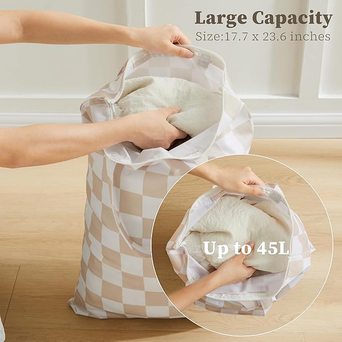 Ohocut Checkered 2 Pcs Large Travel Laundry Bags for Dirty Clothes, Aesthetic Trendy Waterproof Washable Laundry Bag with Handle for Travel, Gym, Swimming Pool, Beige