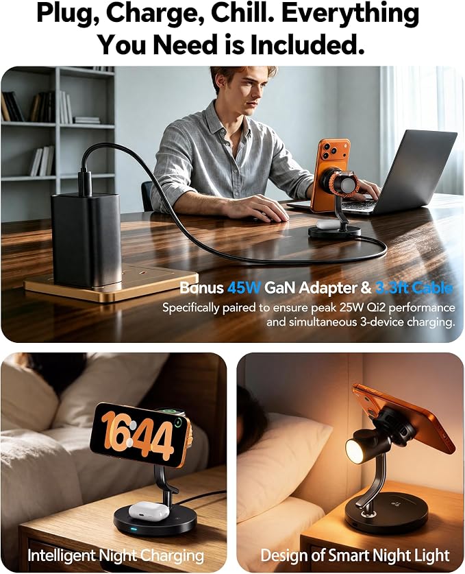 4 in 1 Wireless Charging Station, Qi2.2 25W Certified Fast Magnetic Charger, Mag-Safe Wireless Charger Stand with TEC Active Cooling and Night Light, for iPhone17/16/15/14/13/12, Apple Watch/AirPods