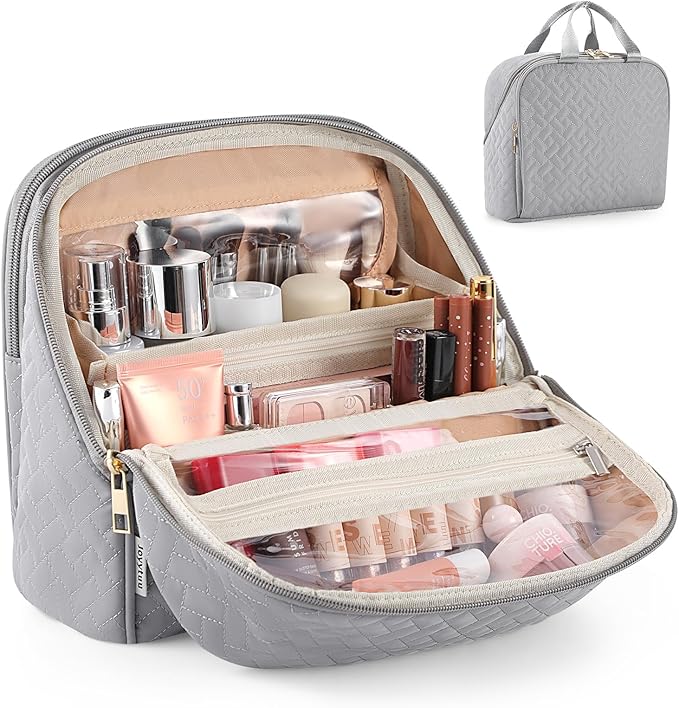 Makeup Bag, Stand up Large Capacity with Room for Brushes and Mirror, Travel Makeup Organizer, Portable Standing Make Up Case, Waterproof Cosmetic Toiletry Bags with Handle, Color Grey